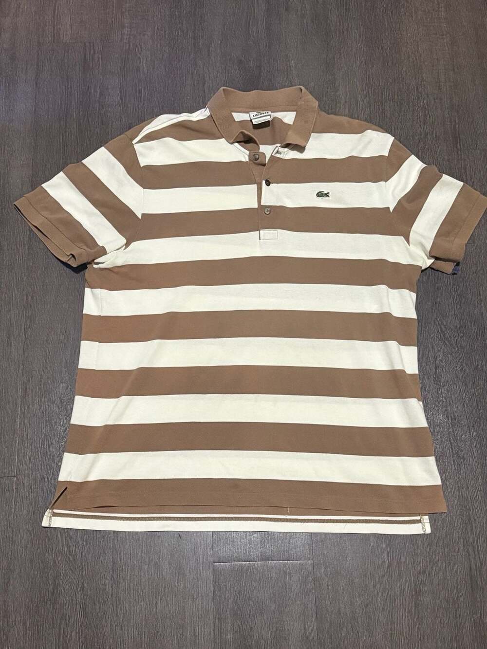 Lacoste Men's Brown and White Striped Polo Shirt
